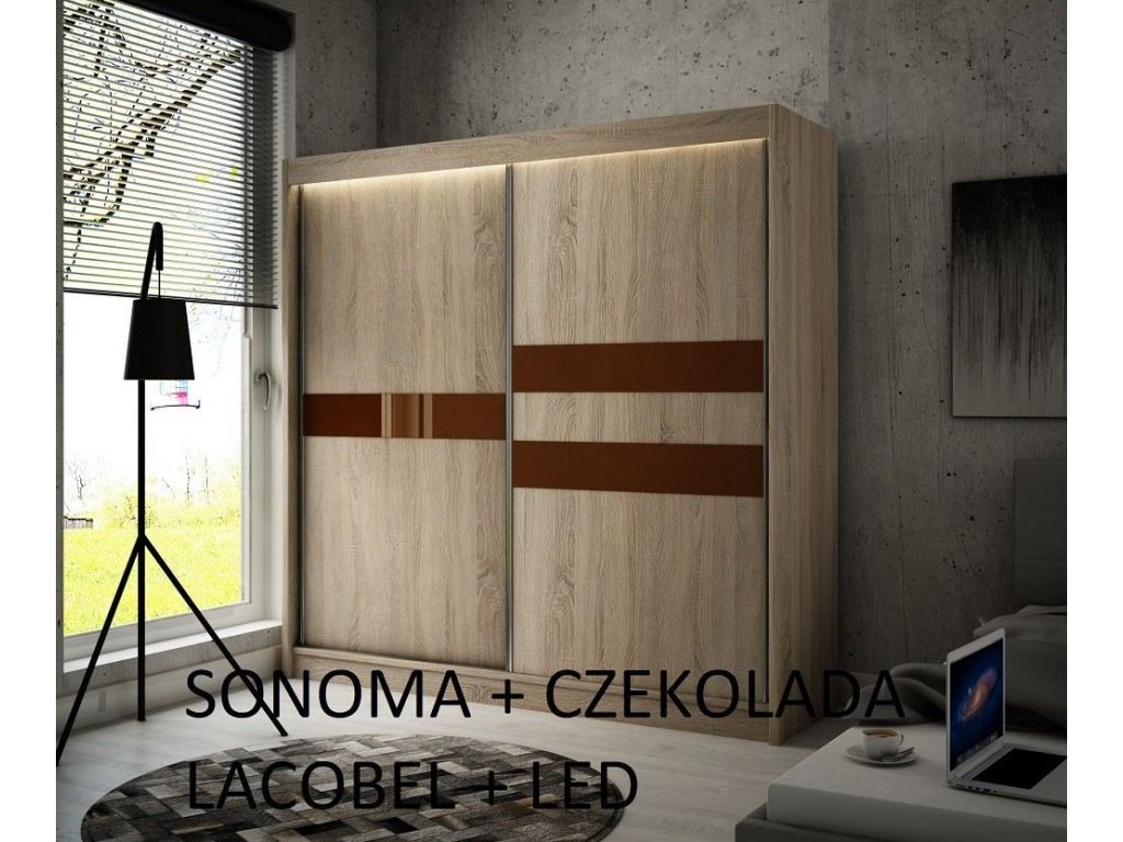 Szafa z drzwiami przesuwnymi Ara, szerokość 200 cm, oświetlenie LED. Szafa z drzwiami przesuwnymi Ara, szerokość 200 cm, oświetlenie LED.