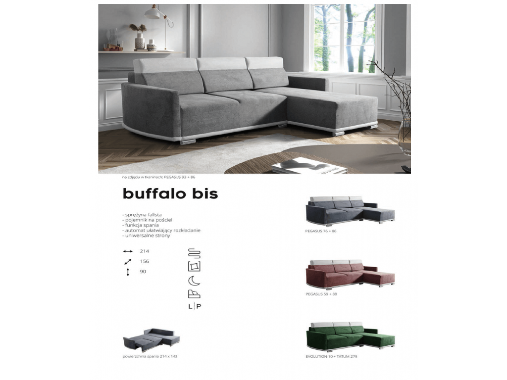 Narożnik Buffalo Bis, sprężyna falista, spanie 214 x 138 cm. Narożnik Buffalo Bis, sprężyna falista, spanie 214 x 138 cm.
