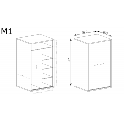 M 1, szafa dwudrzwiowa, system Mediolan, szerokość 92,2 cm.