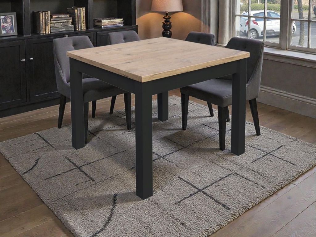 SL 128, duży, kwadratowy stół rozkładany do jadalni salonu, blat laminat 90/90/240 cm.