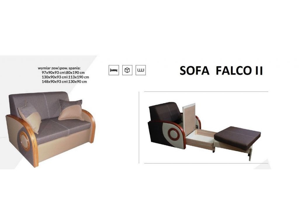 Sofa FALCO II, rozkładana dwuosobowa, powierzchnia spania 113 x 190 cm.